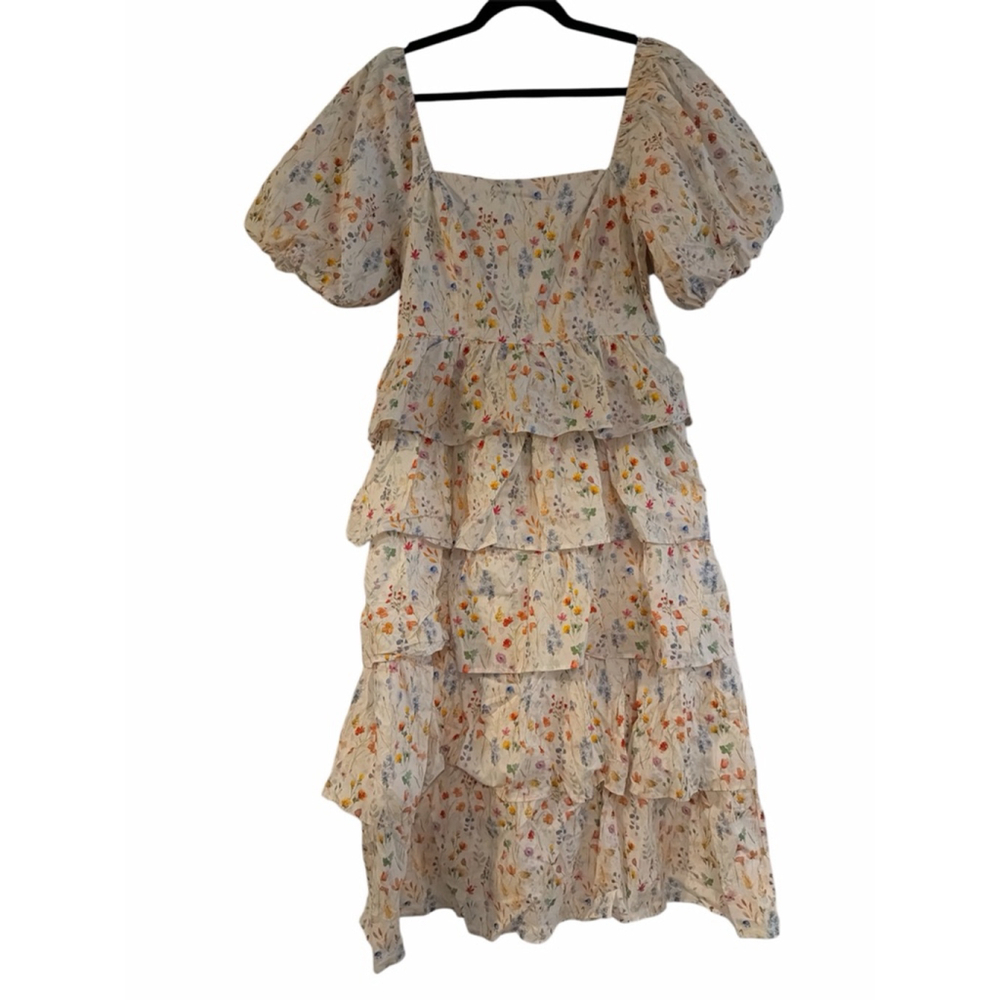 Lovelo Floral Ruffle Mini Dress - Creamy Botanical Print - Puffy Sleeves - NWT - - Picture 2 of 8
